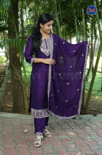 Embroidery Suit Set with Polka Dot - Purple