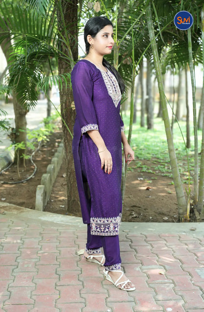 Embroidery Suit Set with Polka Dot - Purple