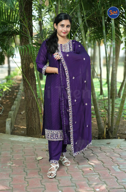 Embroidery Suit Set with Polka Dot - Purple