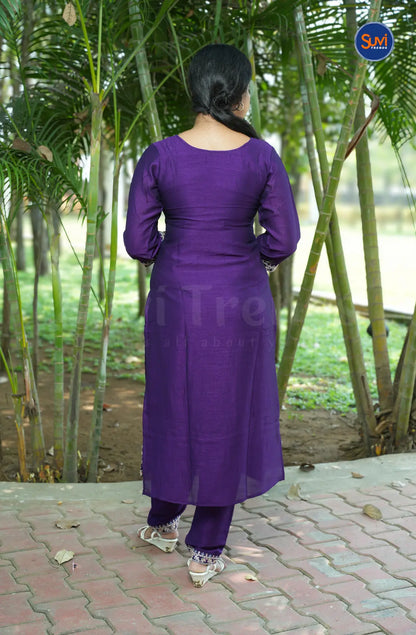 Embroidery Suit Set with Polka Dot - Purple