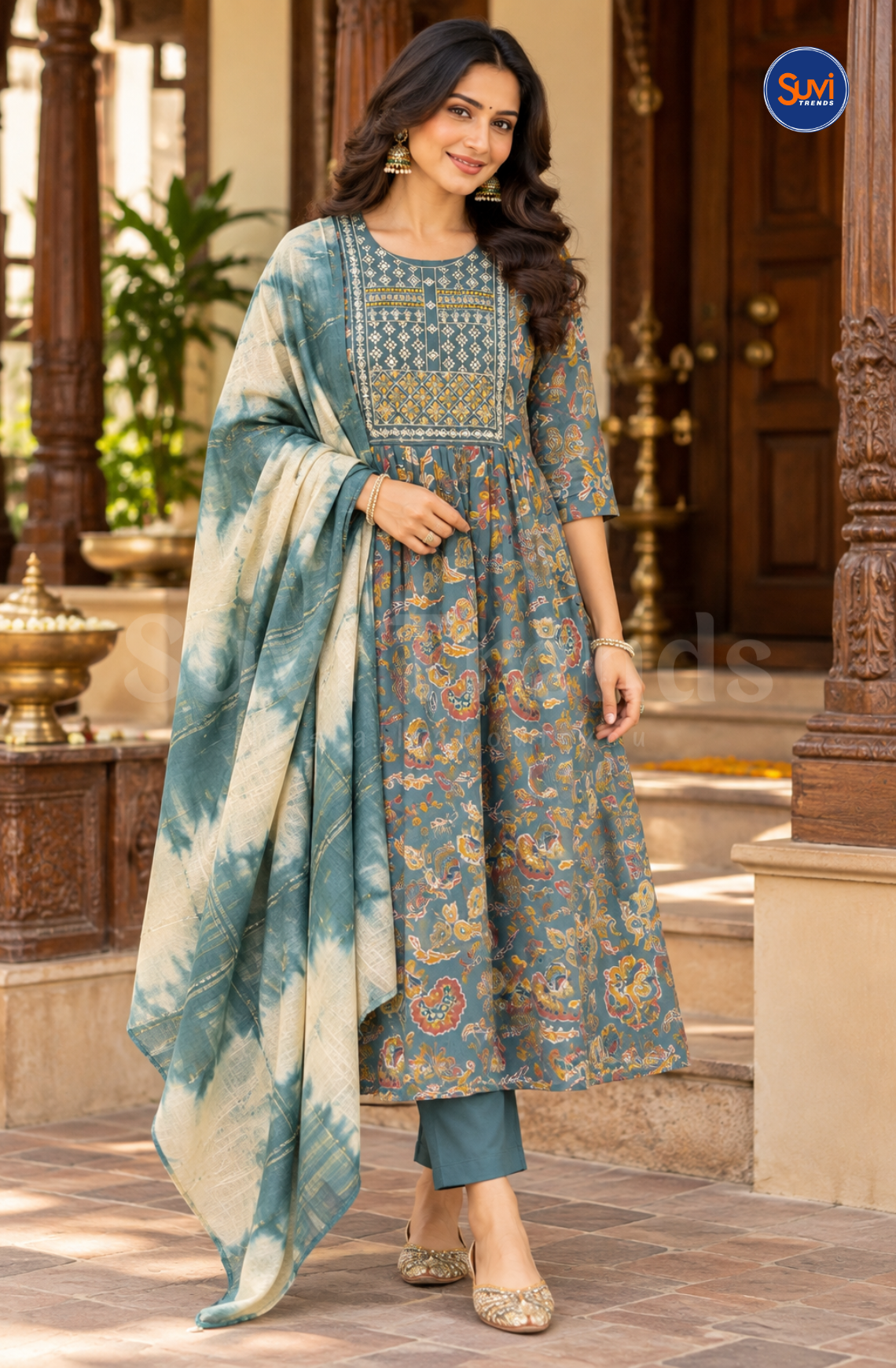 Ethnic Floral Printed Anarkali Set - Teal Blue