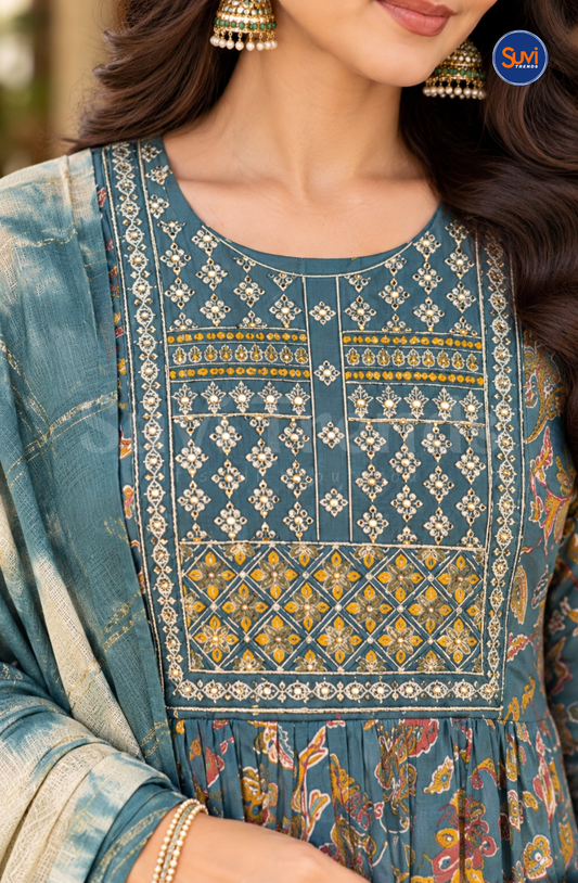Ethnic Floral Printed Anarkali Set - Teal Blue