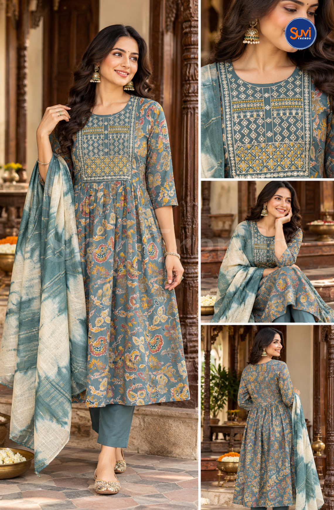 Ethnic Floral Printed Anarkali Set - Teal Blue