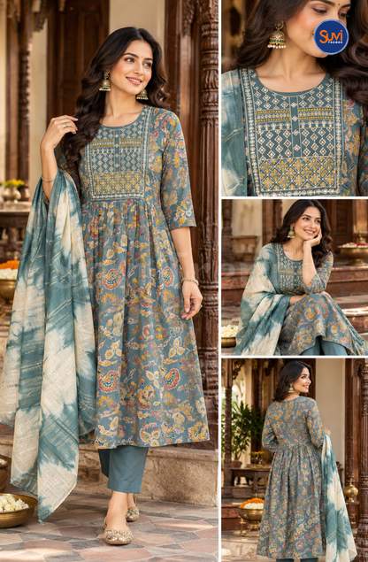 Ethnic Floral Printed Anarkali Set - Teal Blue