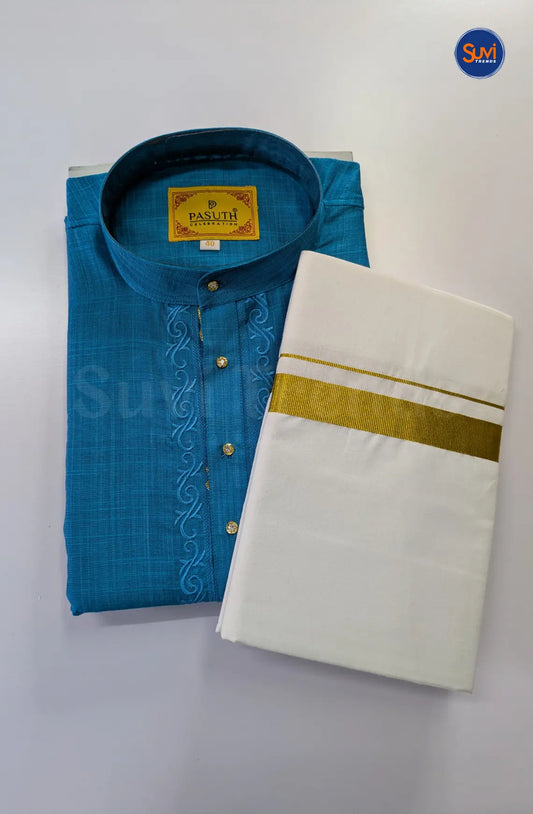 Ethnic Men's Cotton Kurta and Dhoti Set - Aqua Blue