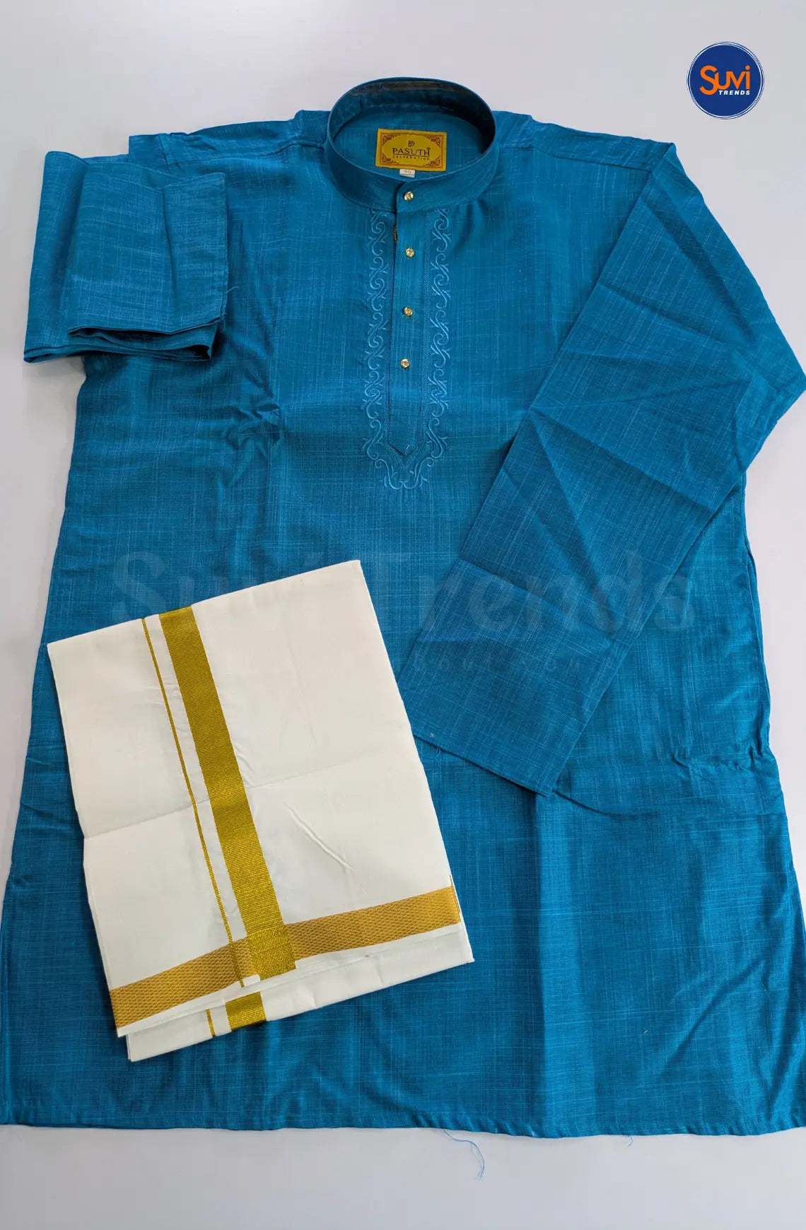 Ethnic Men's Cotton Kurta and Dhoti Set - Aqua Blue