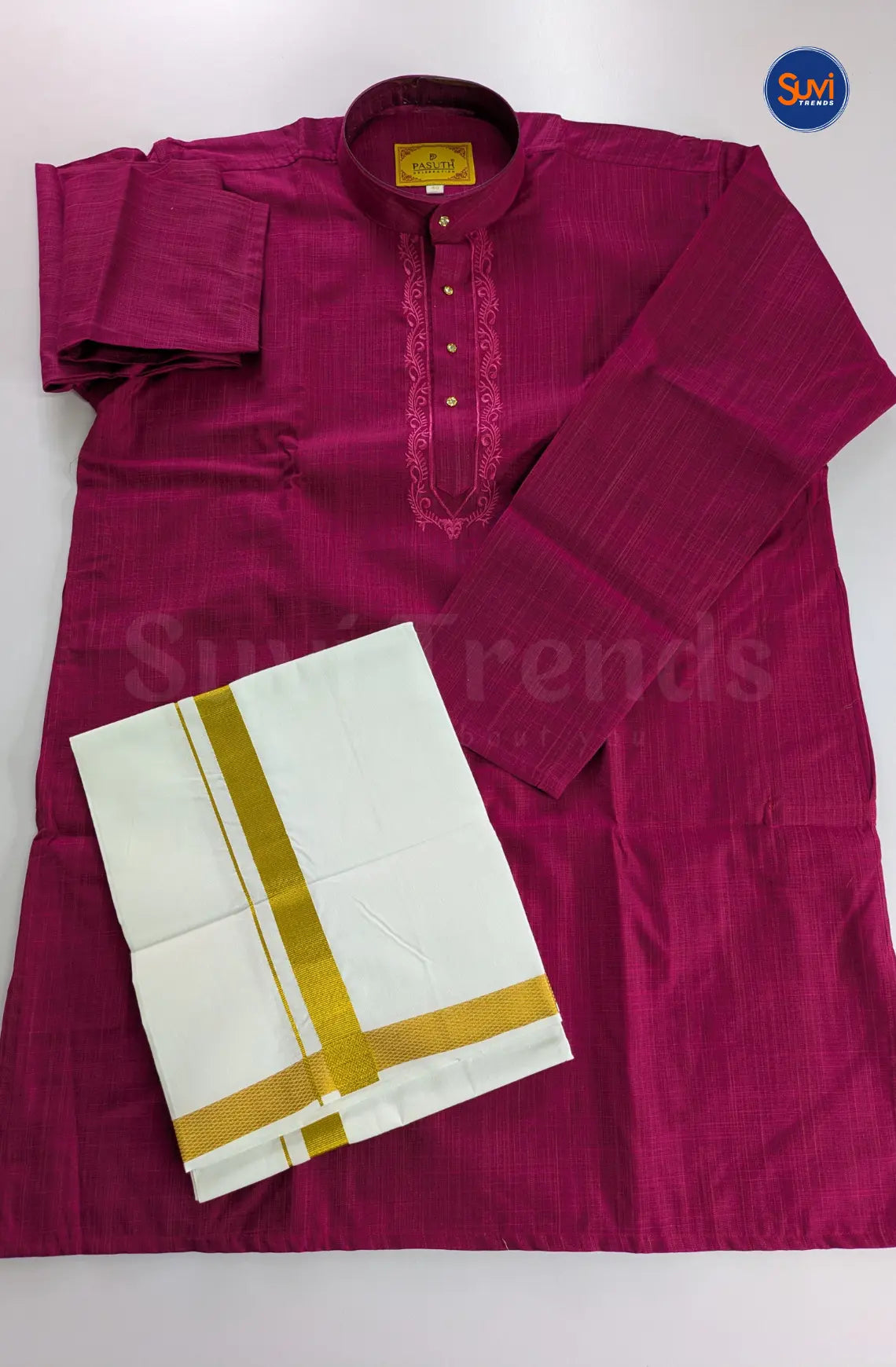 Ethnic Men's Cotton Kurta and Dhoti Set - Burgundy