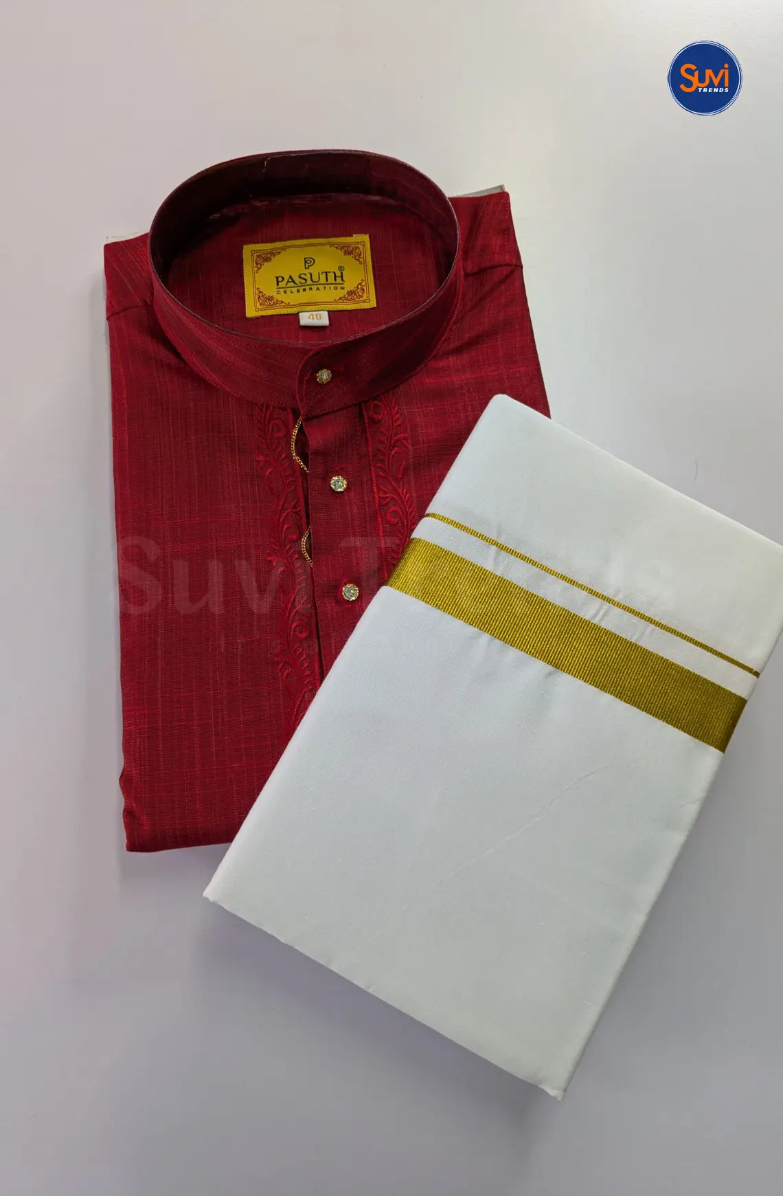 Ethnic Men's Cotton Kurta and Dhoti Set - Cherry Red