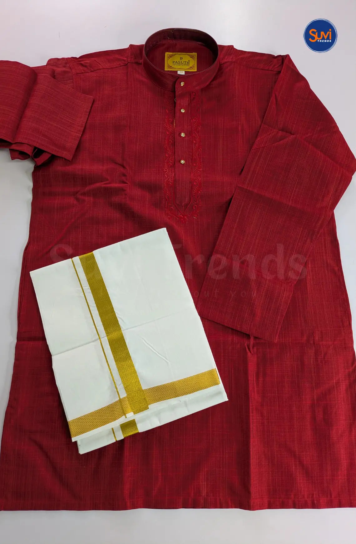 Ethnic Men's Cotton Kurta and Dhoti Set - Cherry Red