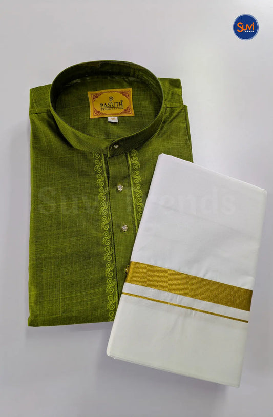 Ethnic Men's Cotton Kurta and Dhoti Set - Green