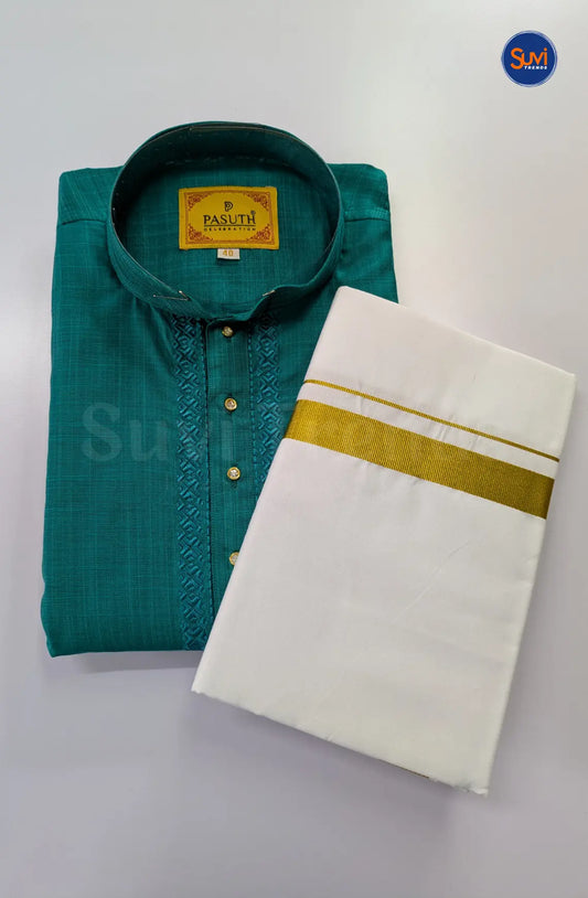 Ethnic Men's Cotton Kurta and Dhoti Set - Rama Green