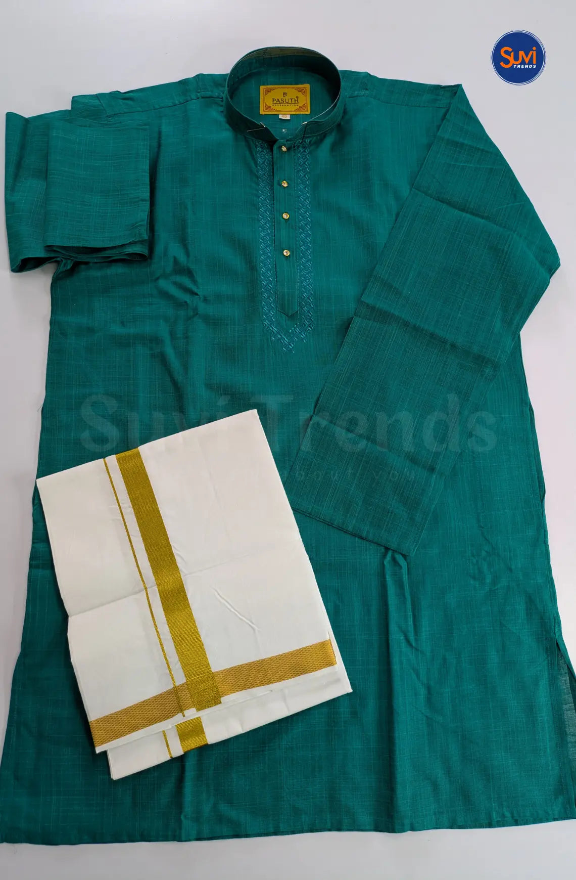 Ethnic Men's Cotton Kurta and Dhoti Set - Rama Green