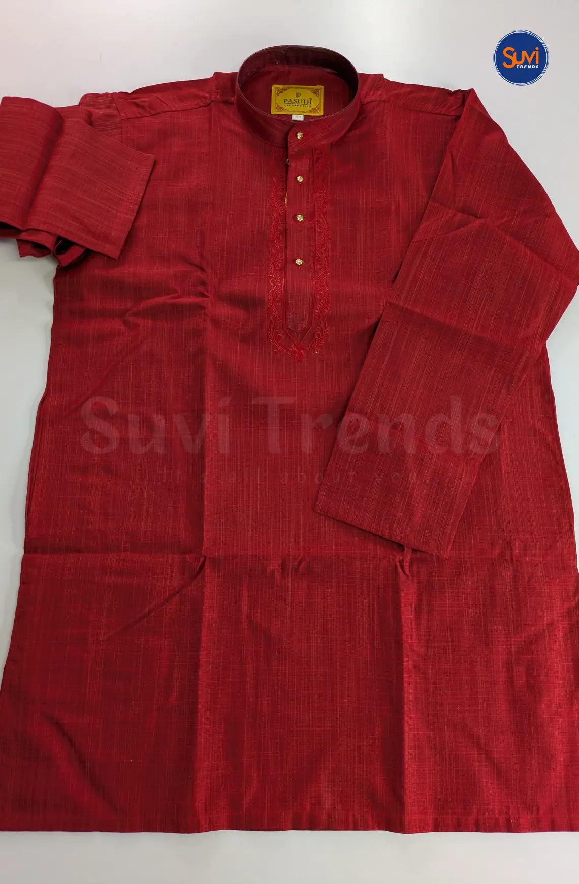 Ethnic Men's Cotton Kurta and Dhoti Set - Cherry Red