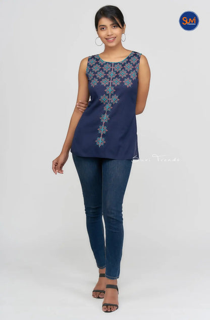 Ethnic Printed Short Top - Navy Blue