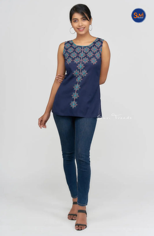 Ethnic Printed Short Top - Navy Blue