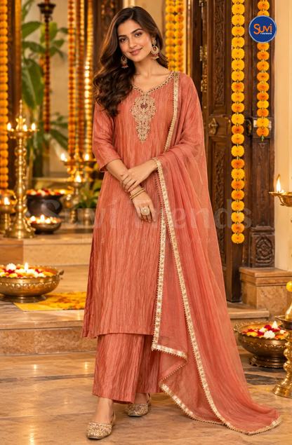 Floral Bead Work Suit Set - Peach