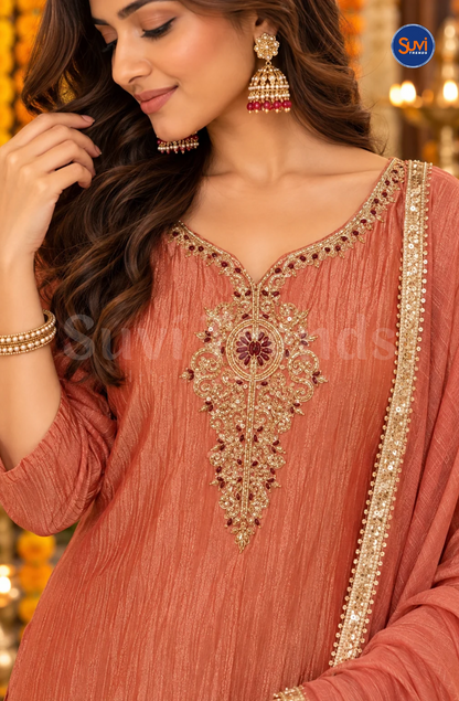 Floral Bead Work Suit Set - Peach