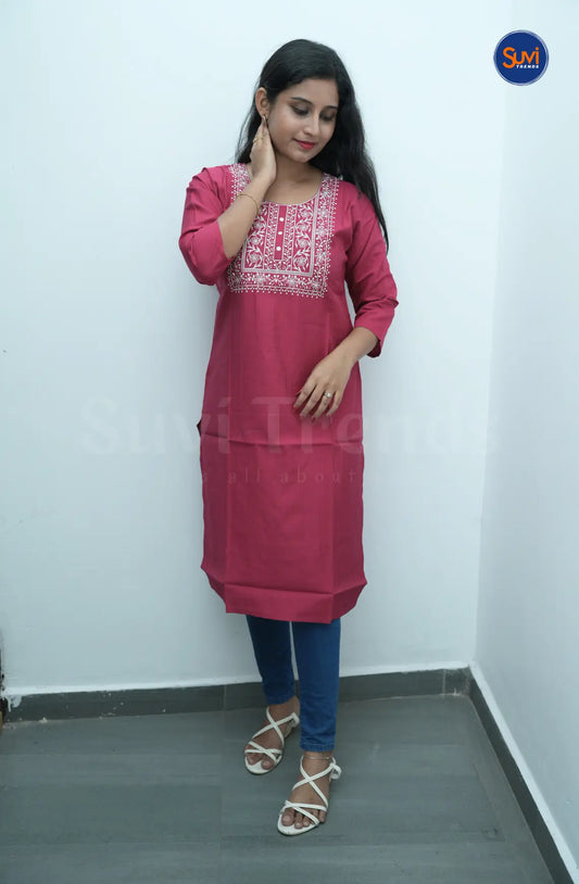 Floral Embroidered Long Kurta - Dark Pink