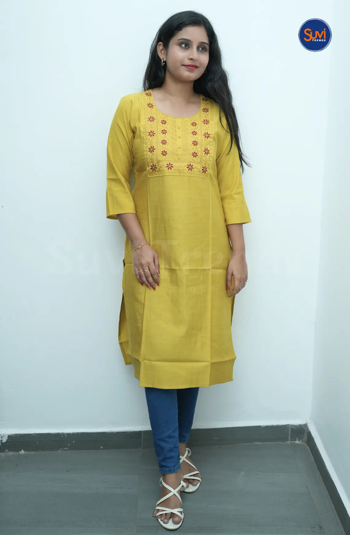Floral Embroidered Long Kurta - Mustard