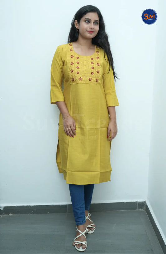 Floral Embroidered Long Kurta - Mustard