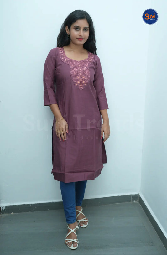 Floral Embroidered Long Kurta - Wine