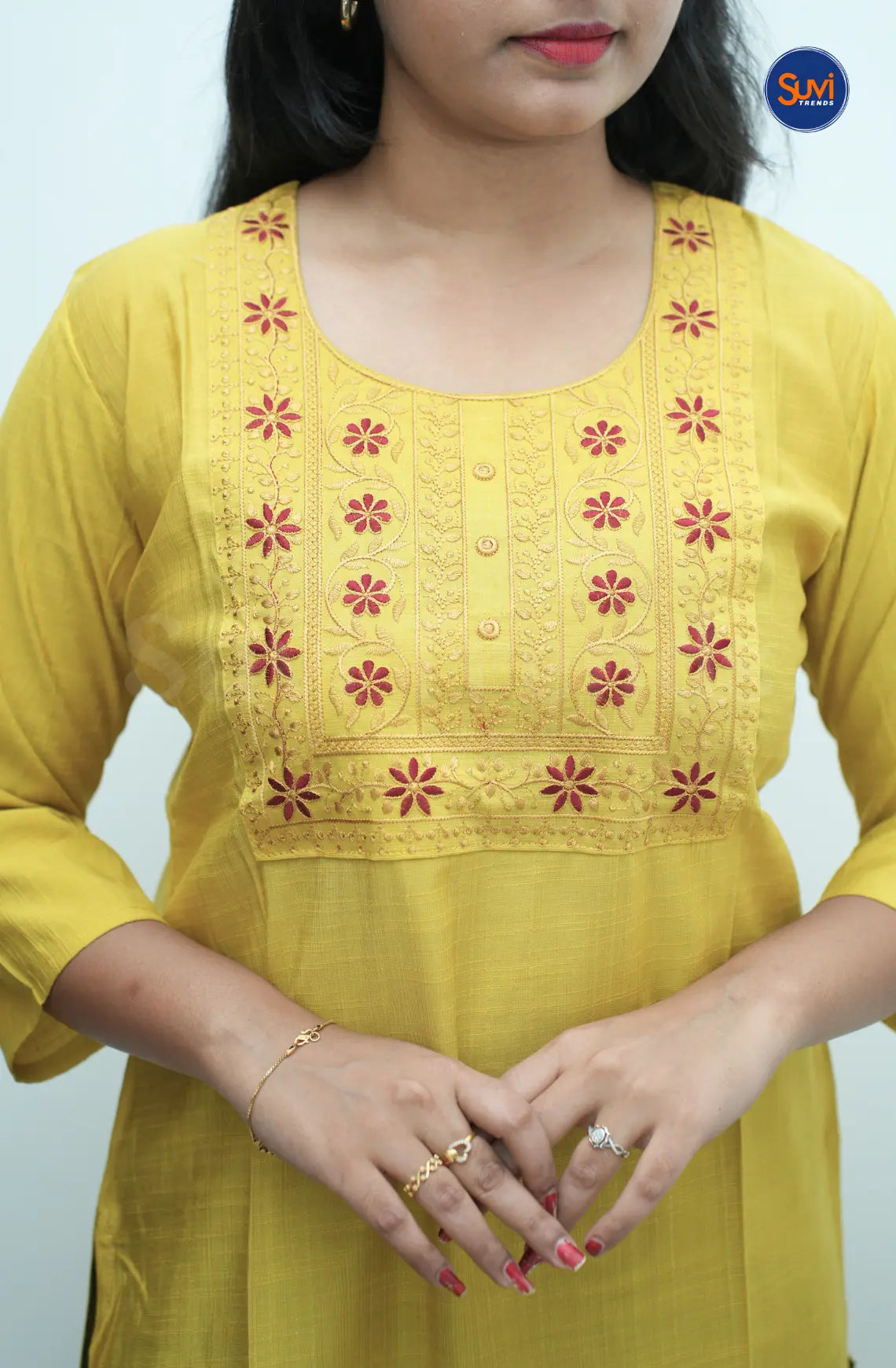 Floral Embroidered Long Kurta - Mustard