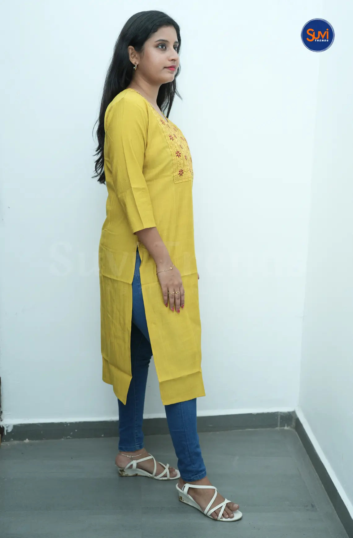 Floral Embroidered Long Kurta - Mustard