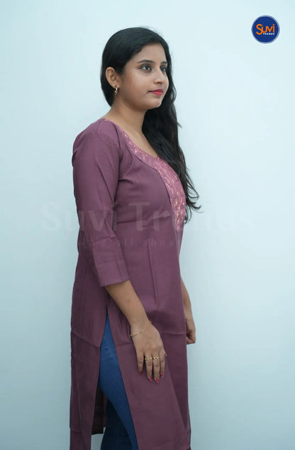 Floral Embroidered Long Kurta - Wine