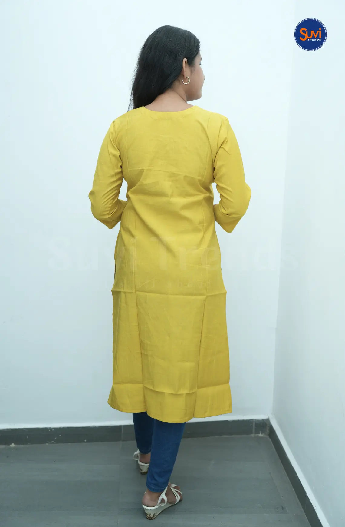Floral Embroidered Long Kurta - Mustard