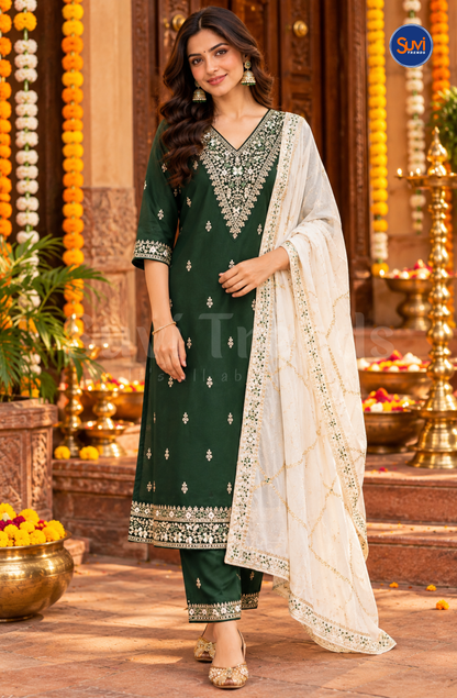 Floral Embroidered Suit Set - Emerald Green