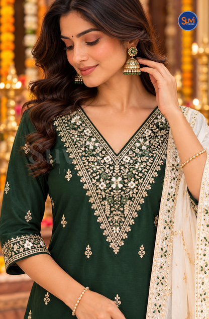 Floral Embroidered Suit Set - Emerald Green