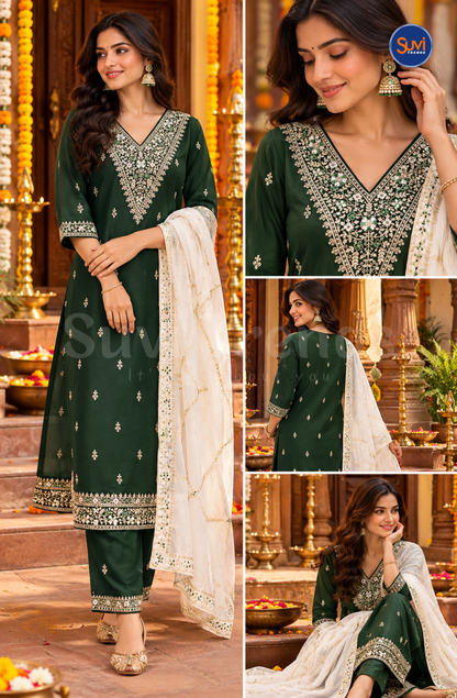 Floral Embroidered Suit Set - Emerald Green