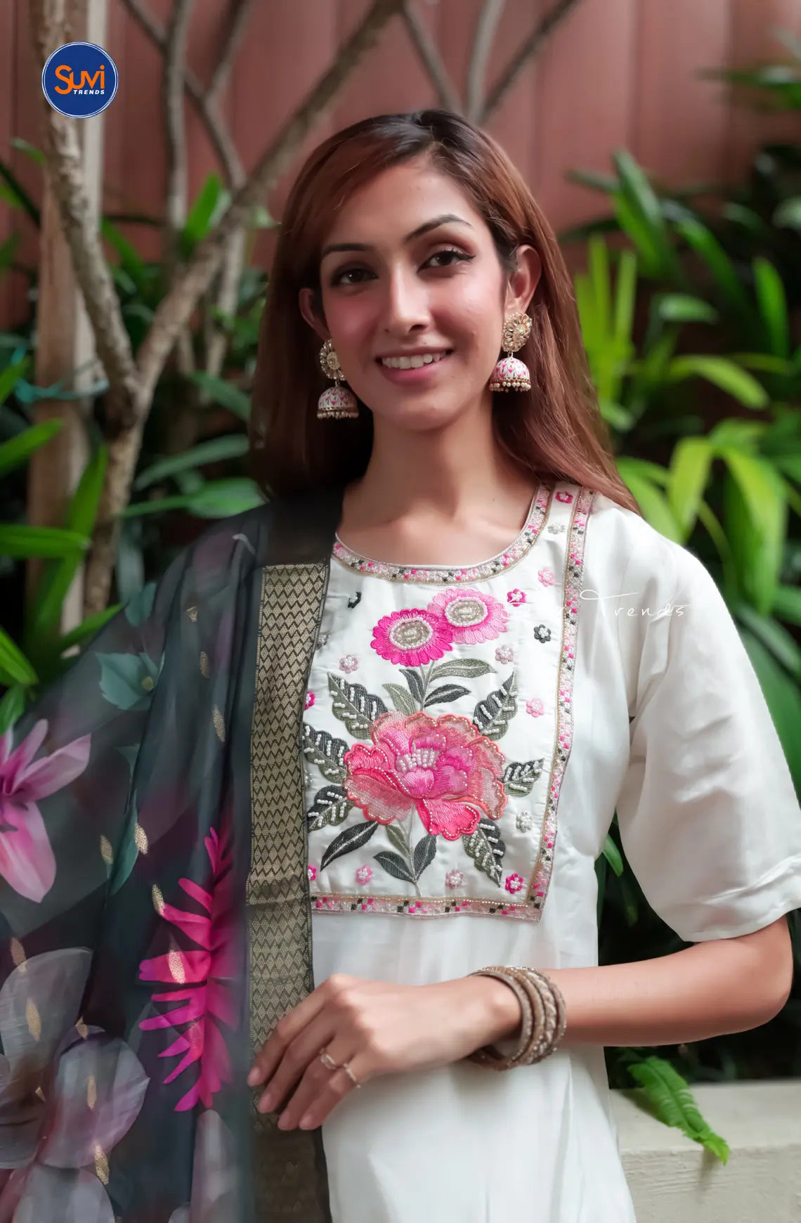 Floral Embroidered Suit Set - White