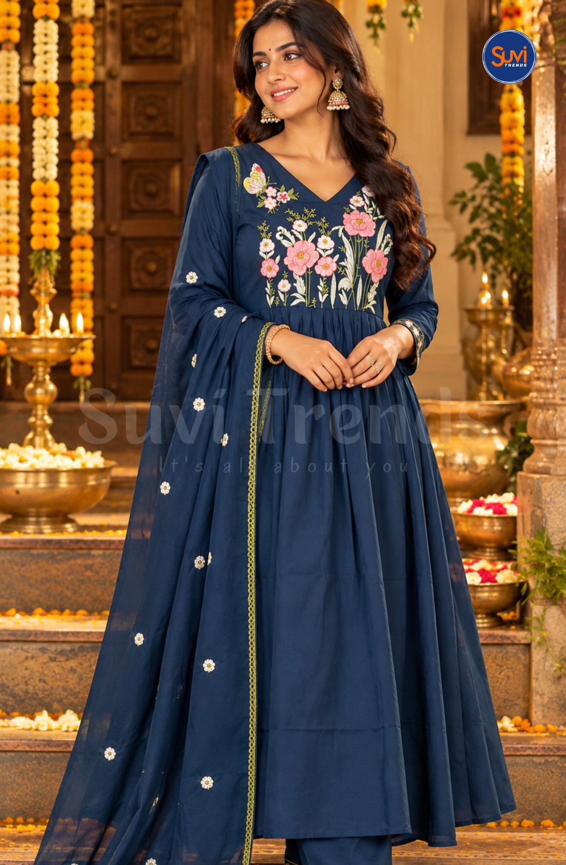 Floral Embroidery Suit Set - Navy Blue