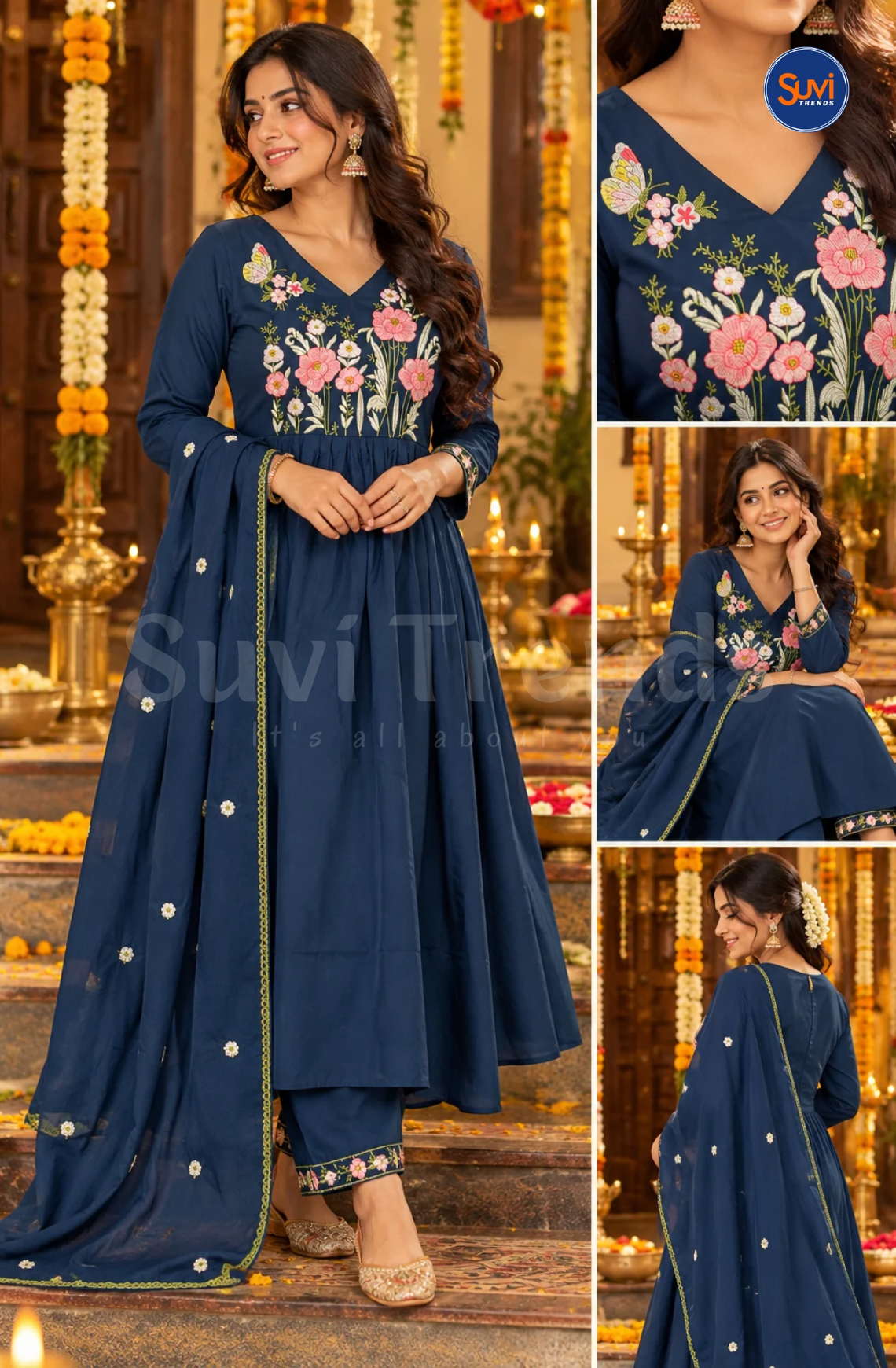 Floral Embroidery Suit Set - Navy Blue