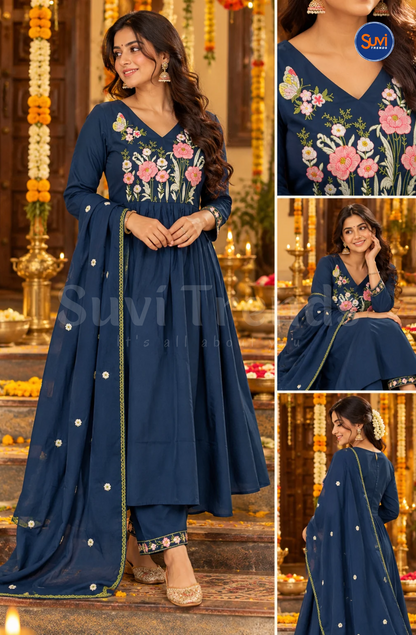 Floral Embroidery Suit Set - Navy Blue