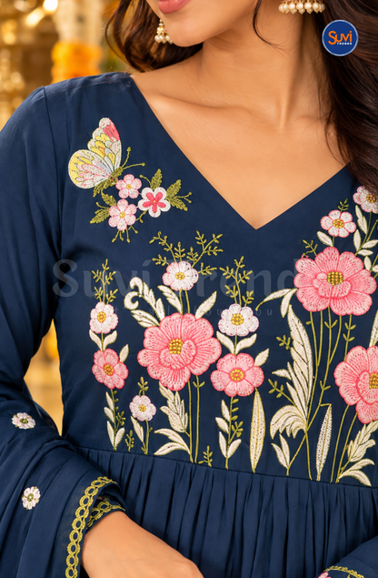 Floral Embroidery Suit Set - Navy Blue