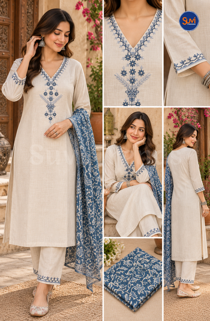 Floral Embroidery Suit Set - Off White