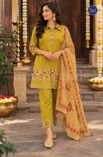 Floral Embroidery Suit Set - Olive Green