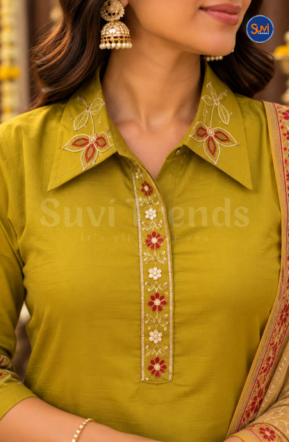Floral Embroidery Suit Set - Olive Green