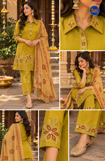 Floral Embroidery Suit Set - Olive Green