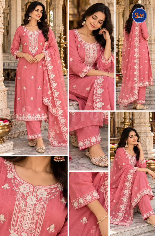 Floral Embroidery Suit Set - Soft Pink