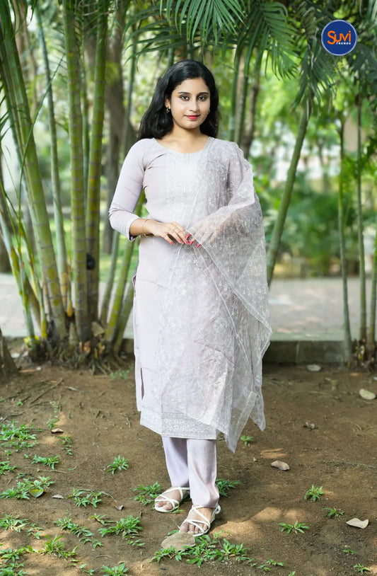 Floral Embroidery Suit Set with Netted Dupatta - Pastel Lavender