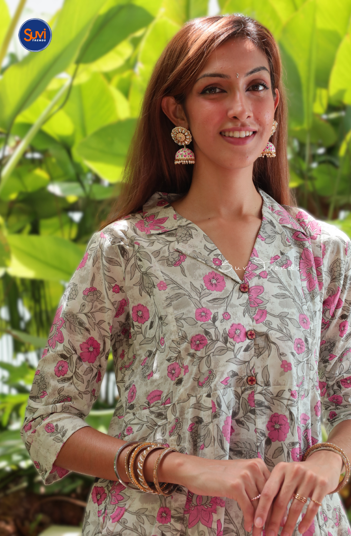 Floral Printed Kurta Pant Set - Greyish White