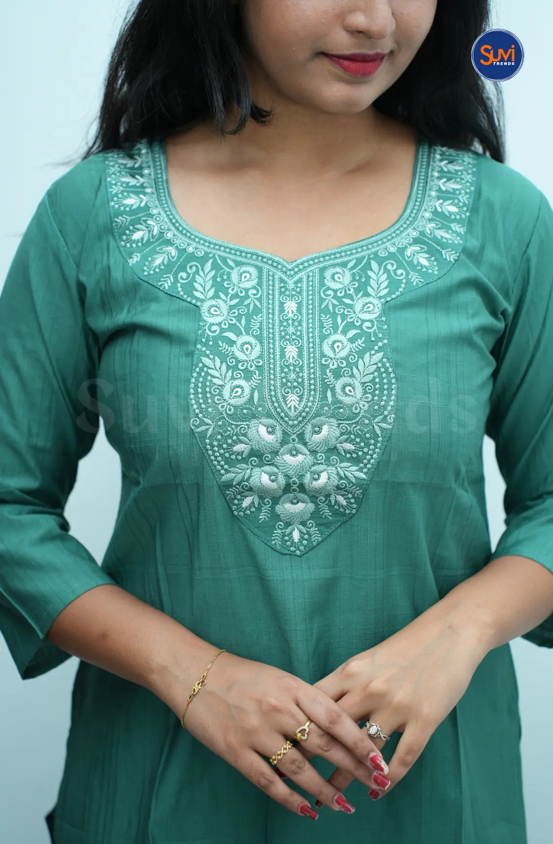 Floral Embroidered Long Kurta - Green