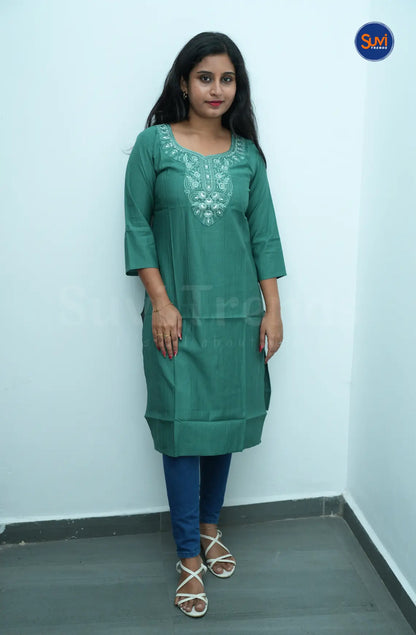 Floral Embroidered Long Kurta - Green