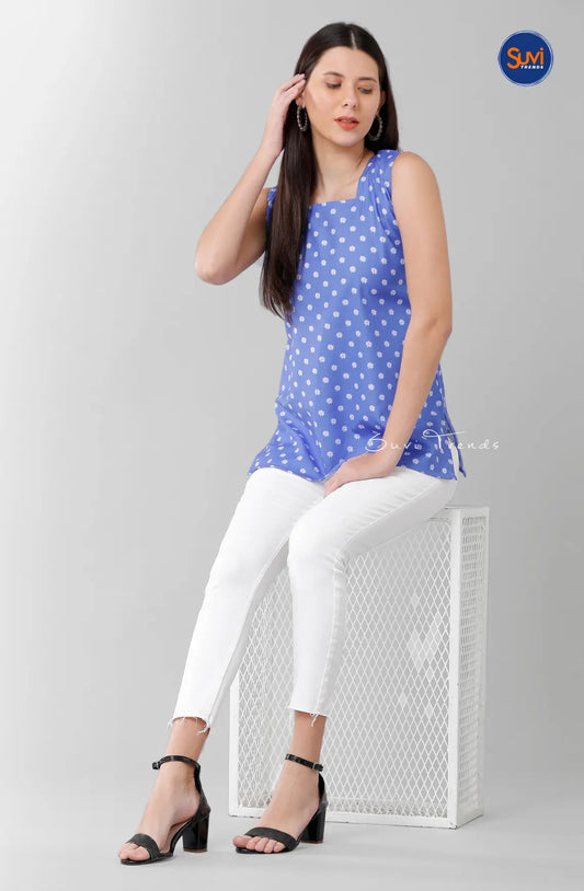 Floral Printed Sleeveless Short Top - Blue