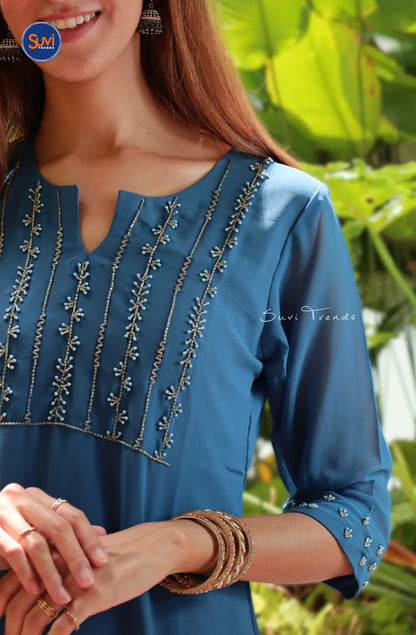 Georgette A-Line Kurta with Aari Work - Navy Blue