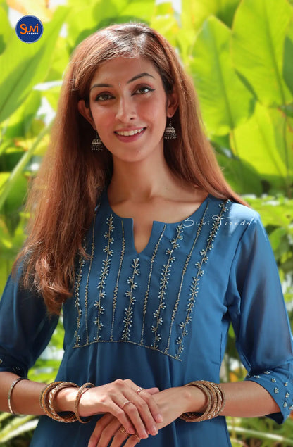 Georgette A-Line Kurta with Aari Work - Navy Blue