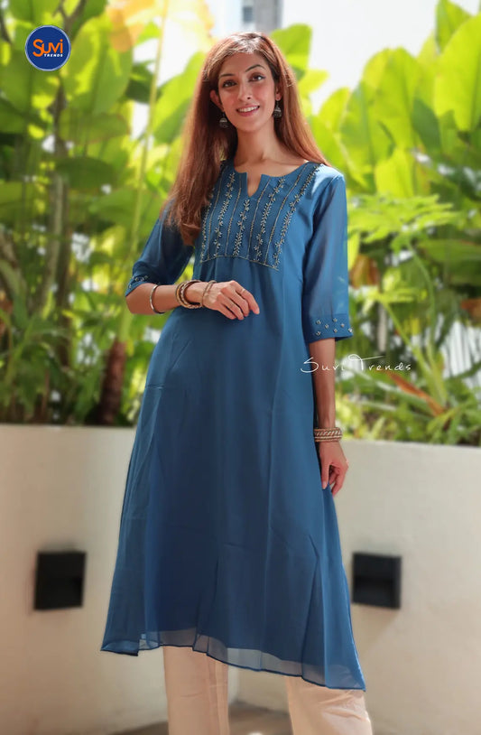 Georgette A-Line Kurta with Aari Work - Navy Blue